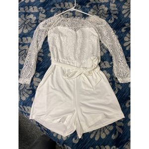 White Lace-Top Romper with Belt - Medium